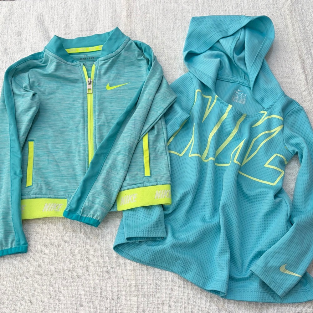 Nike Girls Dri-FIT 2pc Set Turquoise Neon Yellow Jacket and Hoodie Size 5 S 4-5Y